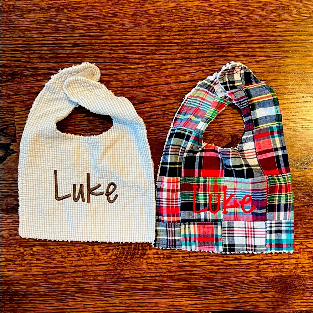 Bundle of Personalized Embroidered Luke Kids Bibs - Gingham and Plaid